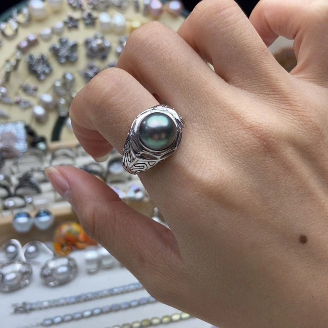 银S925镶嵌海水珍珠画框孔雀绿大溪地戒指可调节