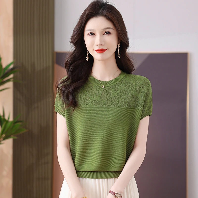 夏季100%天丝女士圆领宽松显瘦套头百搭减龄短款时尚短袖针织衫