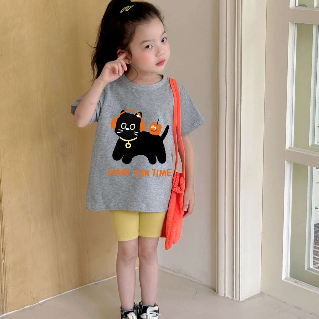 小思家猫咪短袖T恤2025夏季洋气卡通印花上衣修身弹力打底裤套装