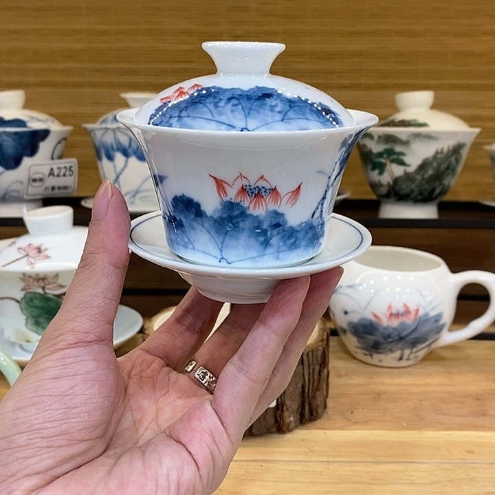 手绘荷花盖碗140cc瑕疵福利款