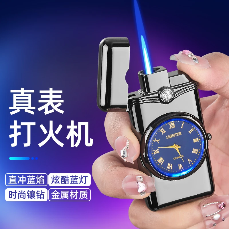 新款手表充气打火机精致蓝灯表盘镶钻时尚直冲男士点烟器网红礼物