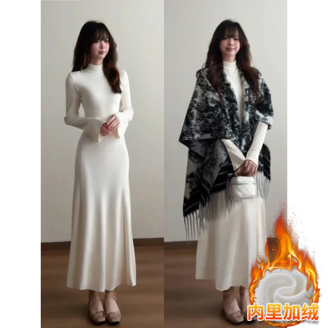 白色高领针织内搭连衣裙长款女秋冬季加绒厚打底毛衣长裙子配大衣