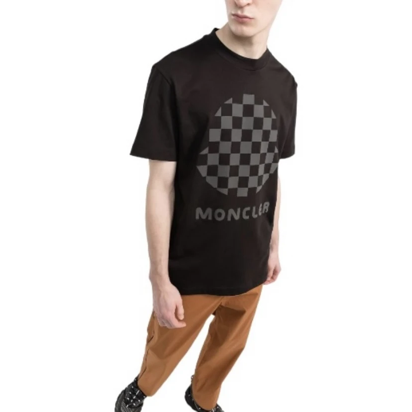 99新 MONCLER 52964/Moncler 黑色棋盘格Logo圆领短袖T恤/XL码