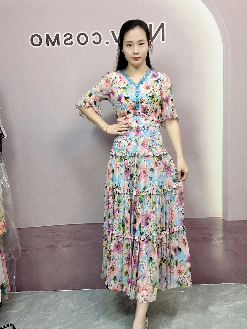 【深圳南油沐溪女装】新款夏季桑蚕丝法式碎花气质显瘦长款连衣裙