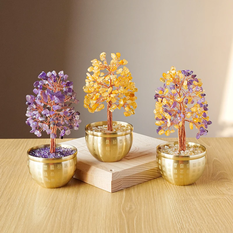 【百汇坊】天然水晶发财树百福缸生财树黄水晶碎石聚宝盆家居乔迁礼