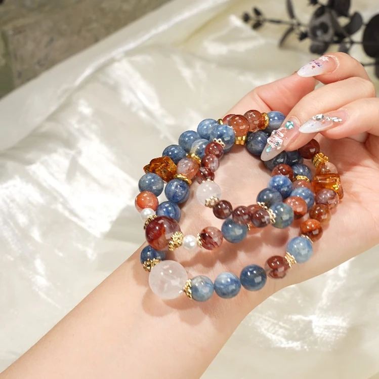 A1020【一梦入敦煌】红胶花 蓝晶石 白幽灵三圈水晶手串