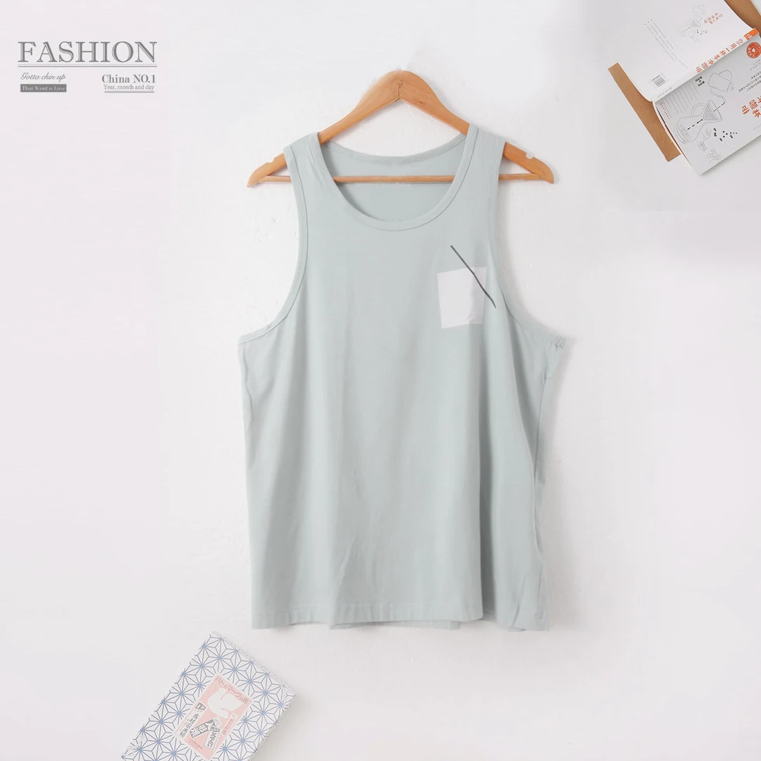 春新款男士圆领印花简约套头无袖家居服00397休闲上衣时尚百搭