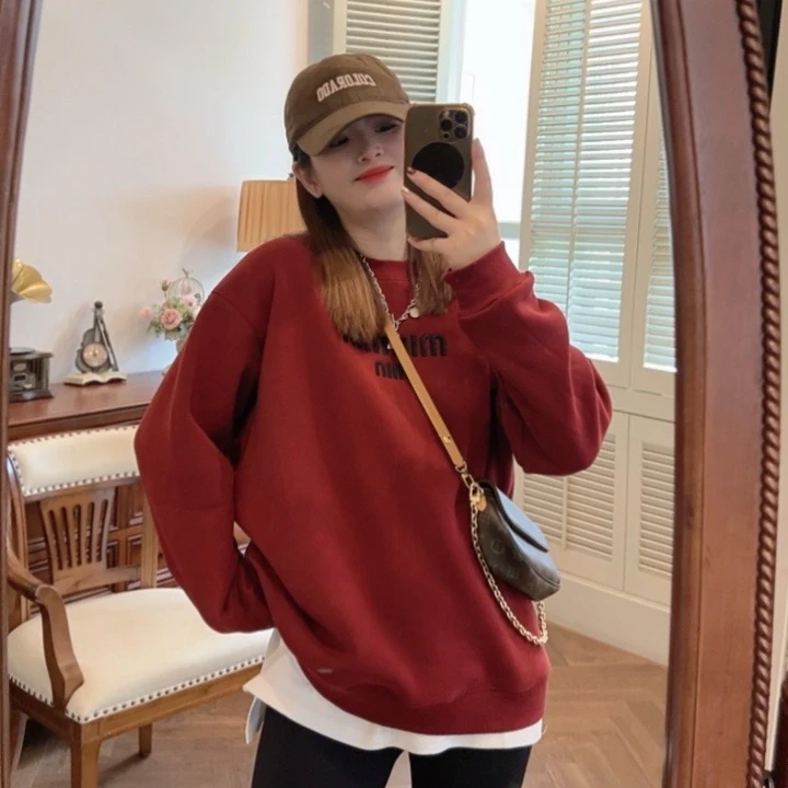 【刺绣字母】2024小众设计师冬季加绒时尚宽松圆领刺绣休闲百搭卫衣