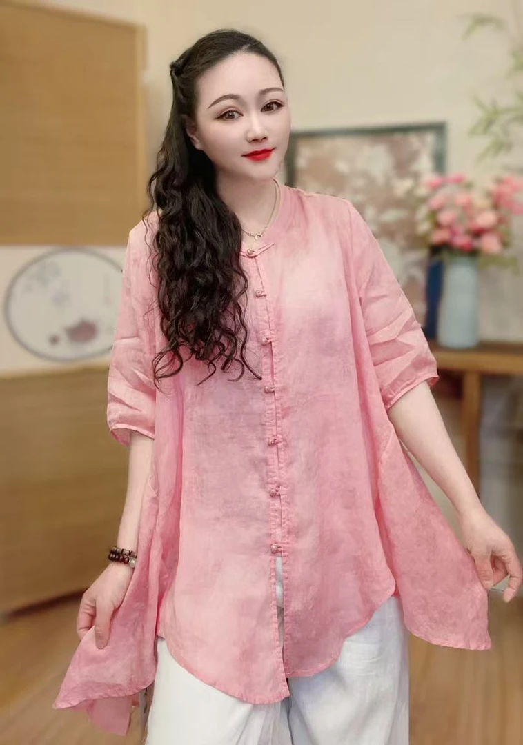 【盛涵】夏季烧花苎麻开衫对开襟复古风不规则下摆拼接宽松上衣女