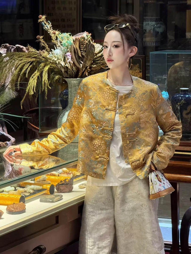 新中式国风外套女2025春秋季宋锦提花高级感轻奢休闲长袖夹克上衣
