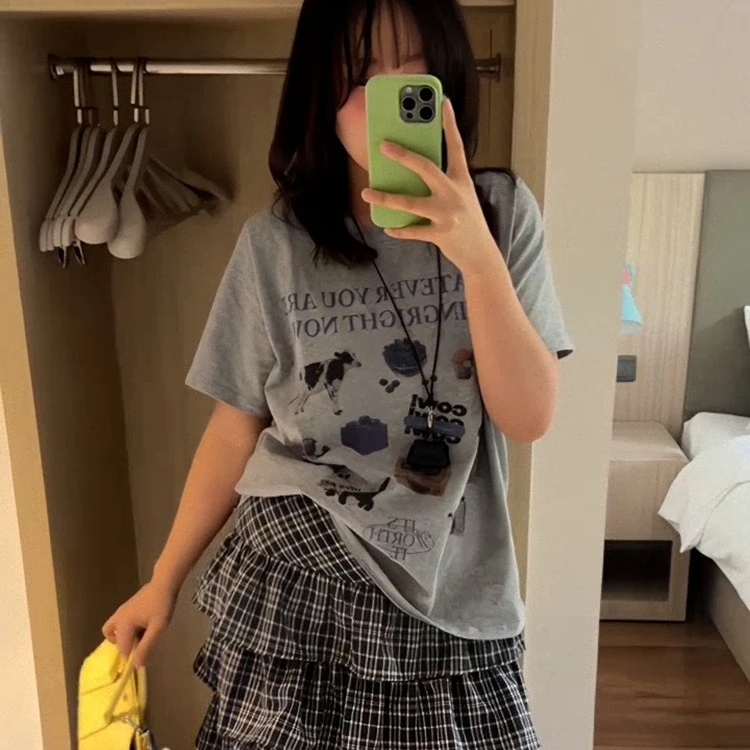 300斤大码卡通T恤打底休闲风短袖字母夏季灰色运动印花圆领半袖衫