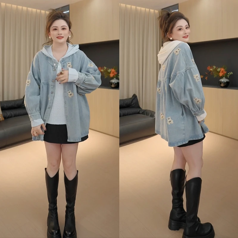 【胖佳佳】现货~重工小熊刺绣牛仔外套 秋季新款减龄百搭H625Z14180