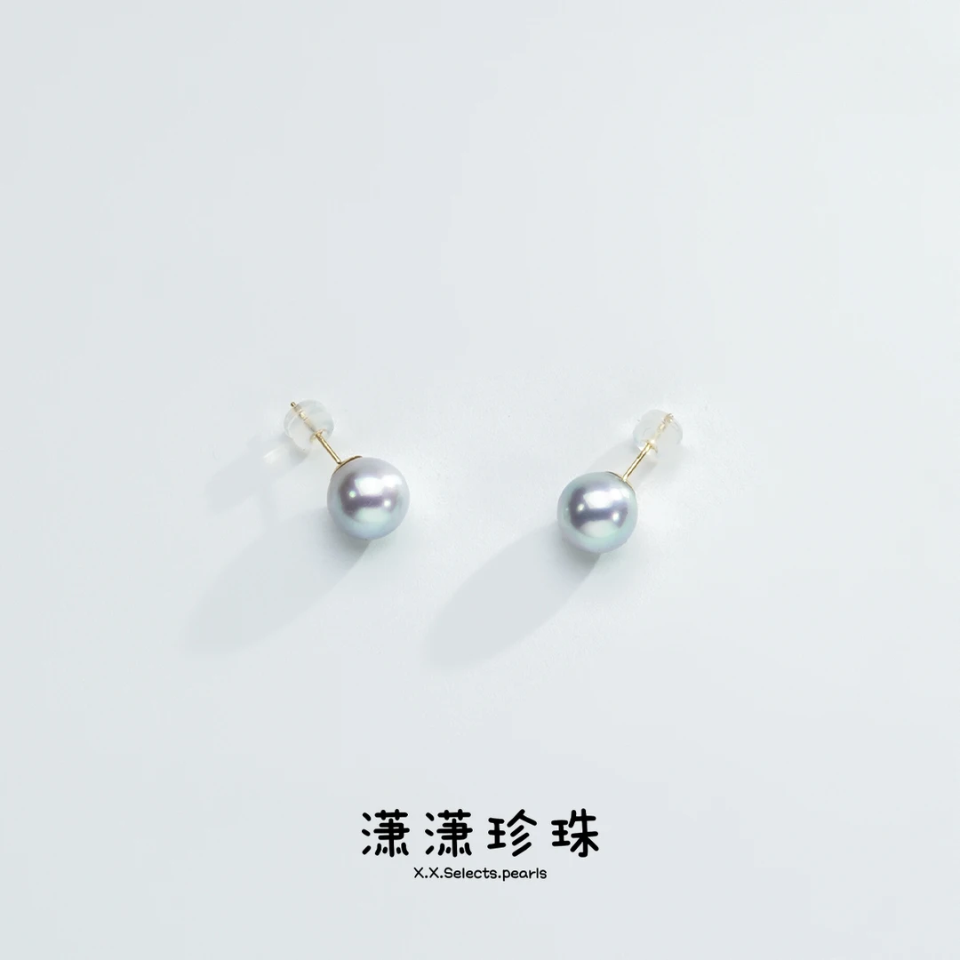 【潇潇甄选】 18K金 海水真多麻耳钉 8-9mm ED-0996