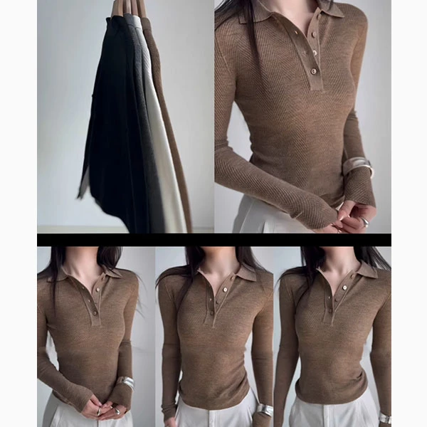 【鱼骨线】羊毛桑蚕丝气质针织衫轻奢设计高级感显瘦polo长袖女F063