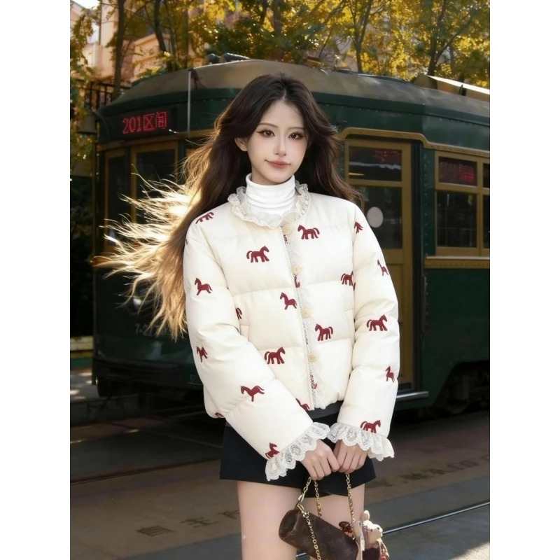 2026马年本命年衣服冬装女新款棉服巨好看的棉衣外套蕾丝边红棉袄