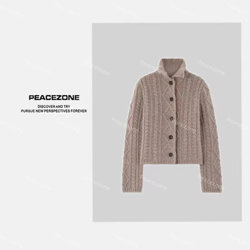 Peacezone  绵羊毛混纺 羊毛立领绞花毛织开衫/7592