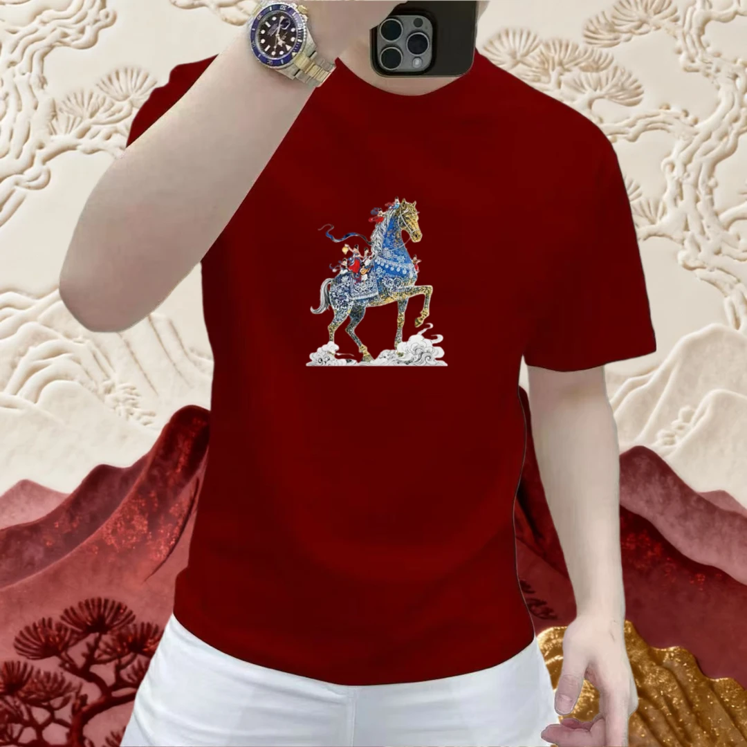 爆款纯棉骏马印花短袖T恤男士本命年红色高级感上衣