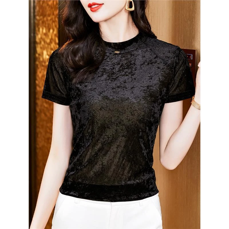 金丝绒T恤女短袖上衣夏季2025新款气质半袖体恤修身出游服装女