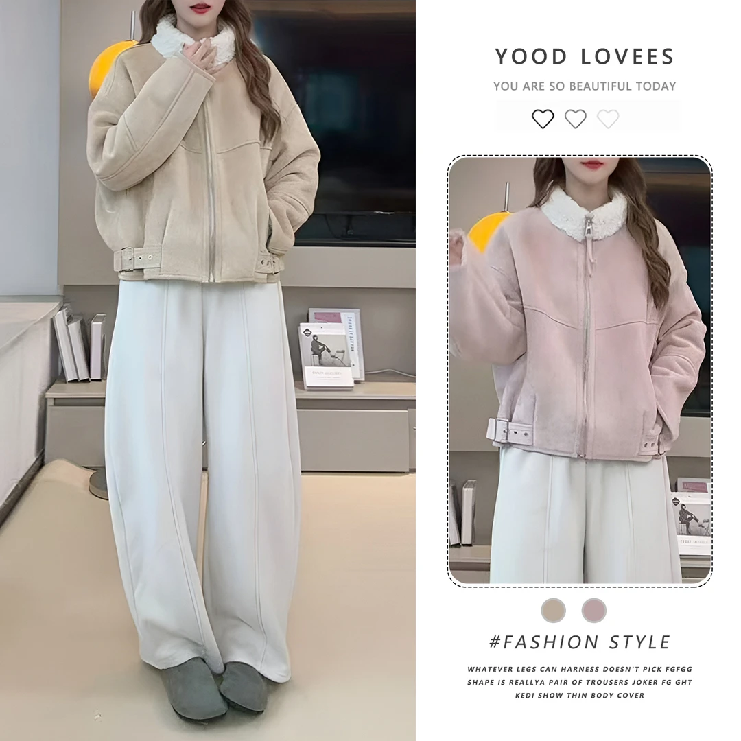 2025休闲慵懒风设计感毛毛立领拼接短外套女宽松保暖皮毛一体夹克