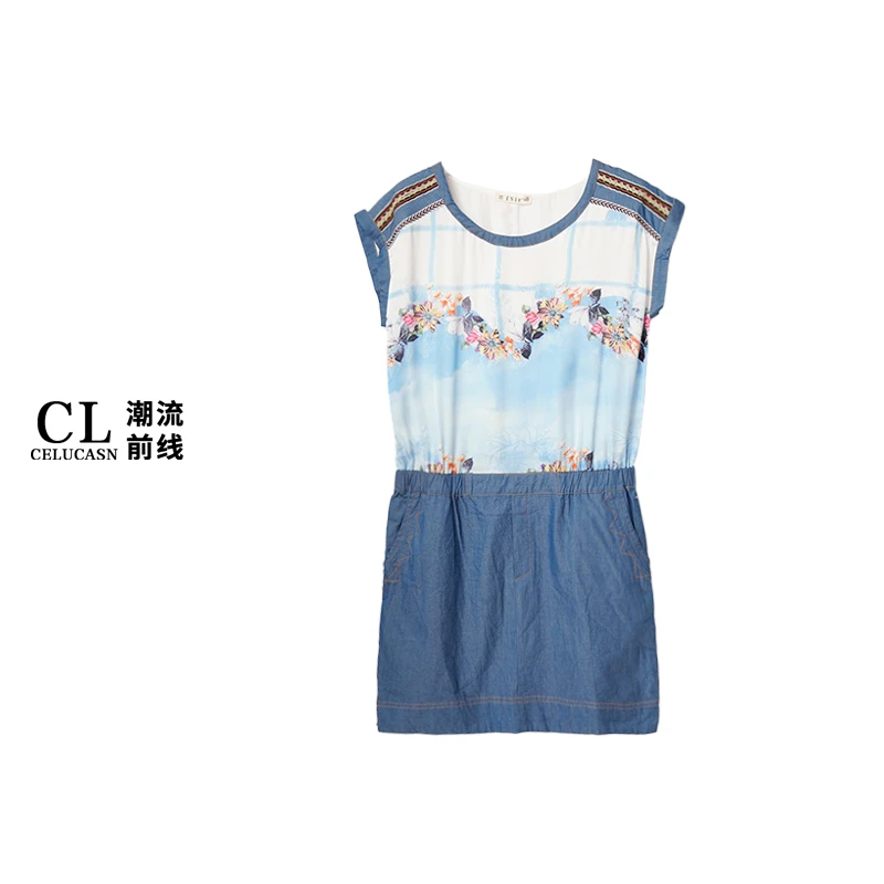 E6II5222#夏季薄款雪纺拼接女士印花牛仔时尚连衣裙