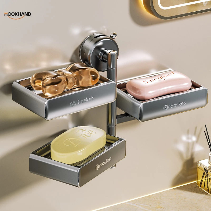 高档家用免打孔吸盘式墙上置物架双层沥水肥皂盒塑料材质