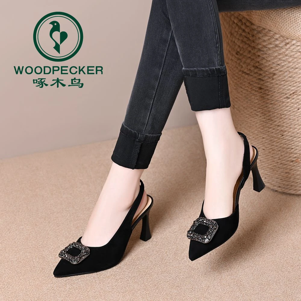 啄木鸟女鞋2025夏季新款水钻细跟高跟鞋尖头高跟凉鞋浅口后空单鞋