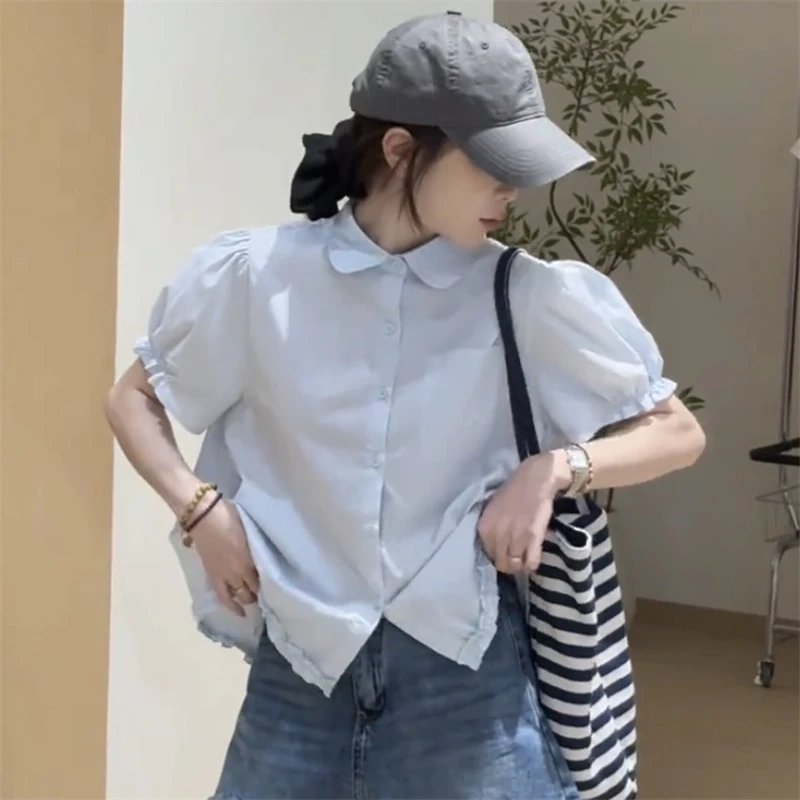 甜美风木耳边翻领短袖衬衫女2025年夏季洋气减龄百搭泡泡袖娃娃衫