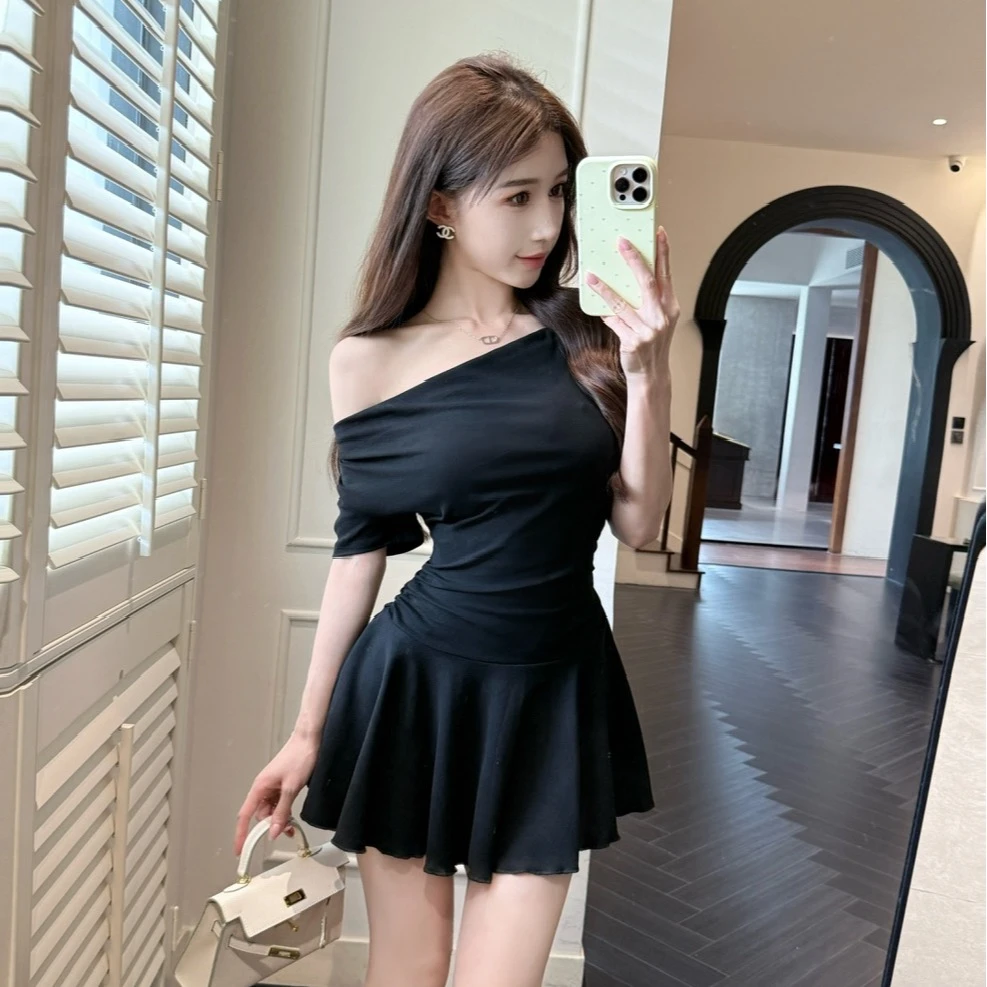 法式气质一字领大裙摆连衣裙纯欲辣妹女装时尚性感收腰显身材