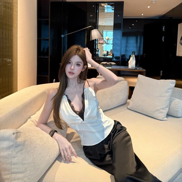 FAY【月下白茶】高级感老钱风气质缎面拼蕾丝双肩带吊带上衣