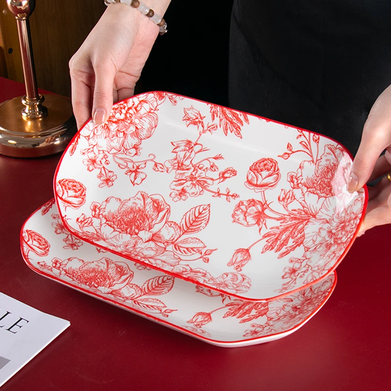 高级款！ 玫瑰皇后鱼盘中式鱼盘大号12英寸盘子家用陶瓷蒸鱼盘子