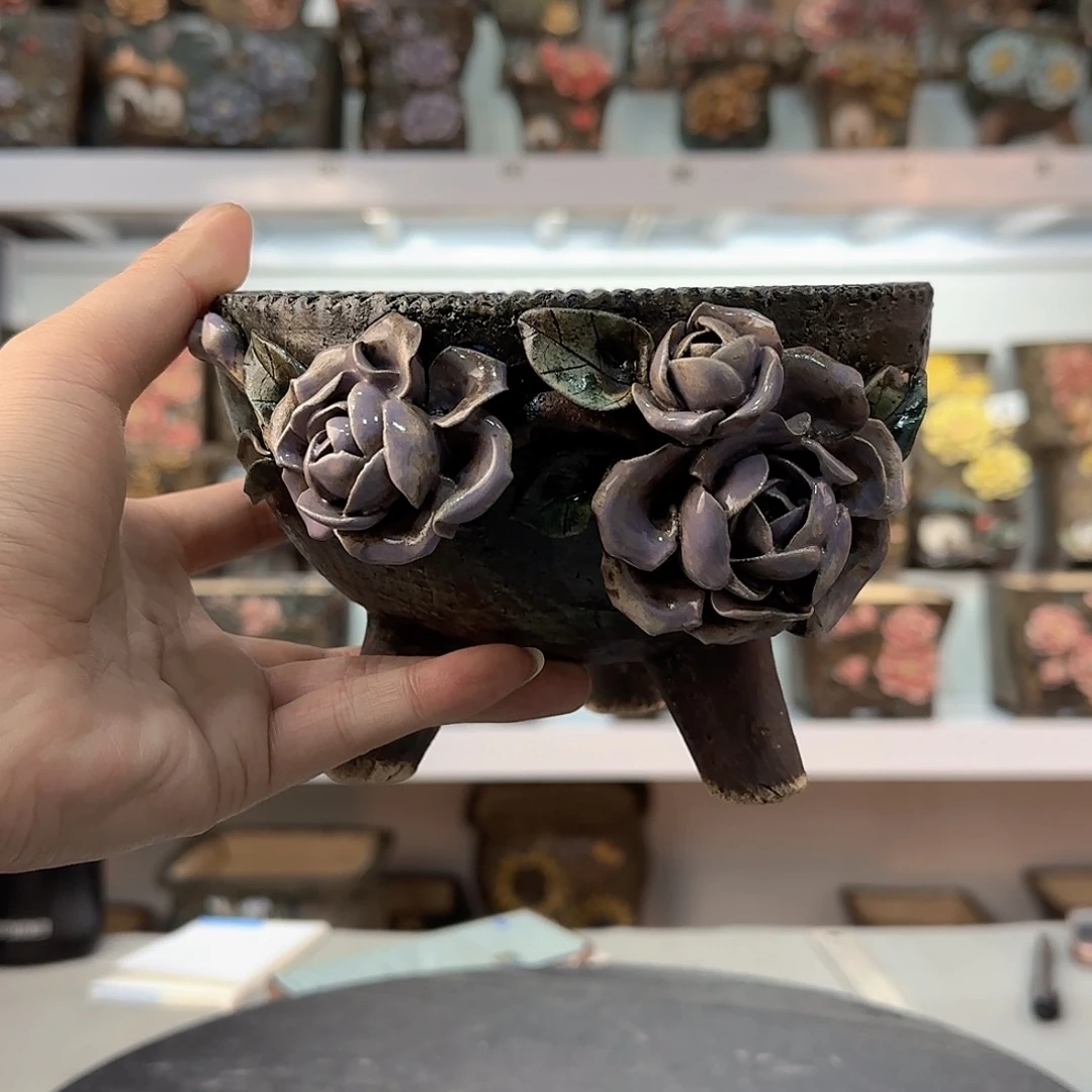 红陶画*青默花器麦饭石花盆