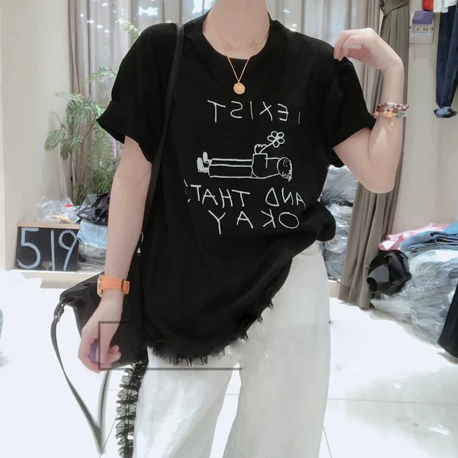 设计感字母印花拼接花边半袖T恤