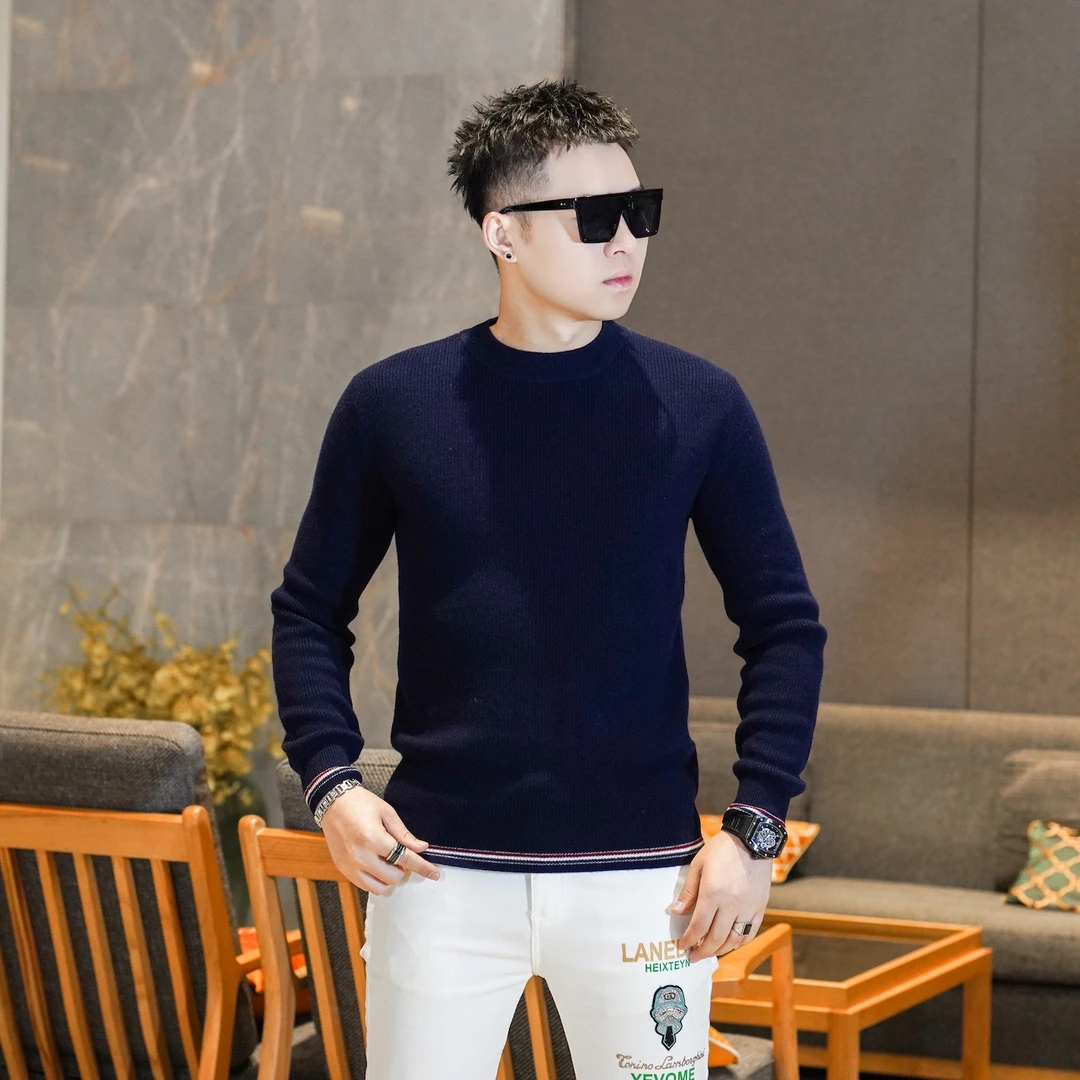 男士冬季加厚款圆领长袖上青色羊毛衫撞色设计轻奢高档毛衣GL2505