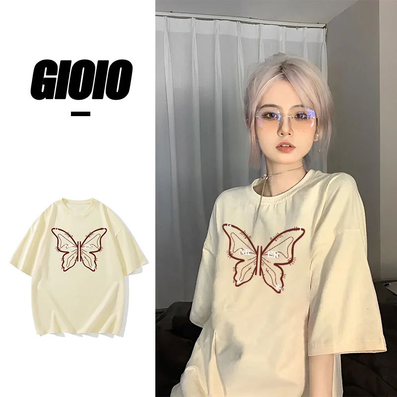 GIOIO新款纯棉设计感小众T恤夏季宽松短袖法式辣妹上衣情侣装