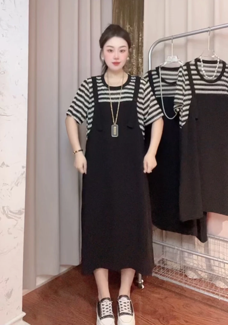 夏季时尚拼接假两件背带连衣裙大码显瘦宽松减龄