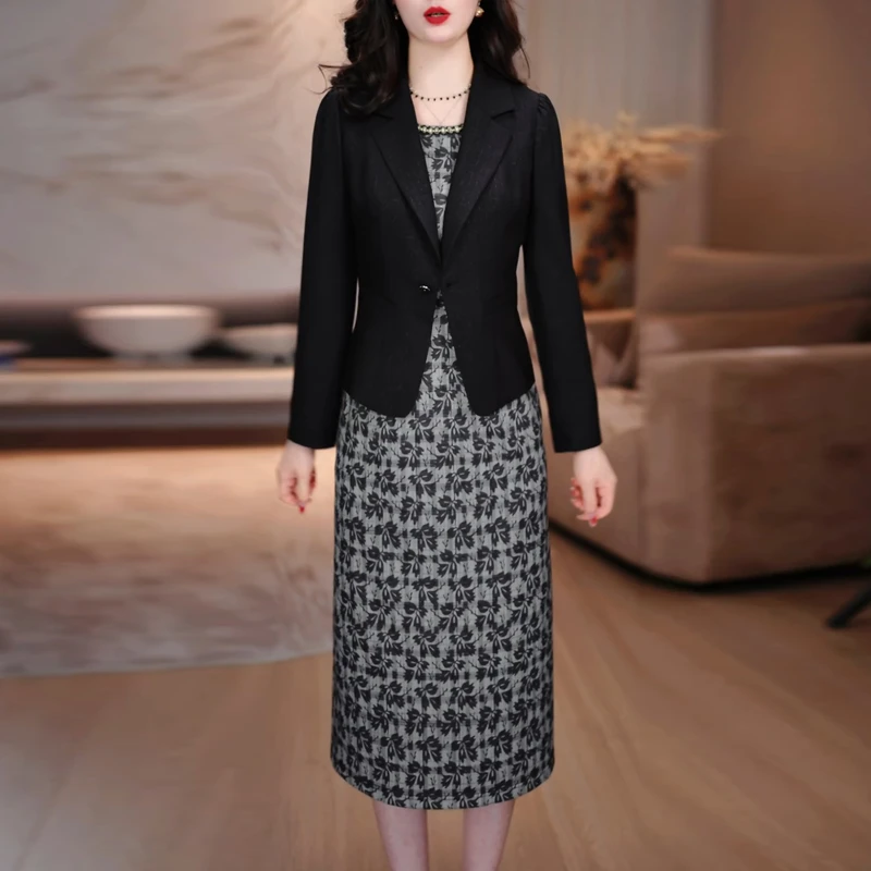 洋气长袖小西装两件套连衣裙女2025春秋新款妈妈高端碎花套装裙子
