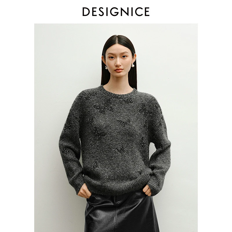 【会员专享】迪赛尼斯冬极简千金风气质圆领慵懒蝴蝶针织衫