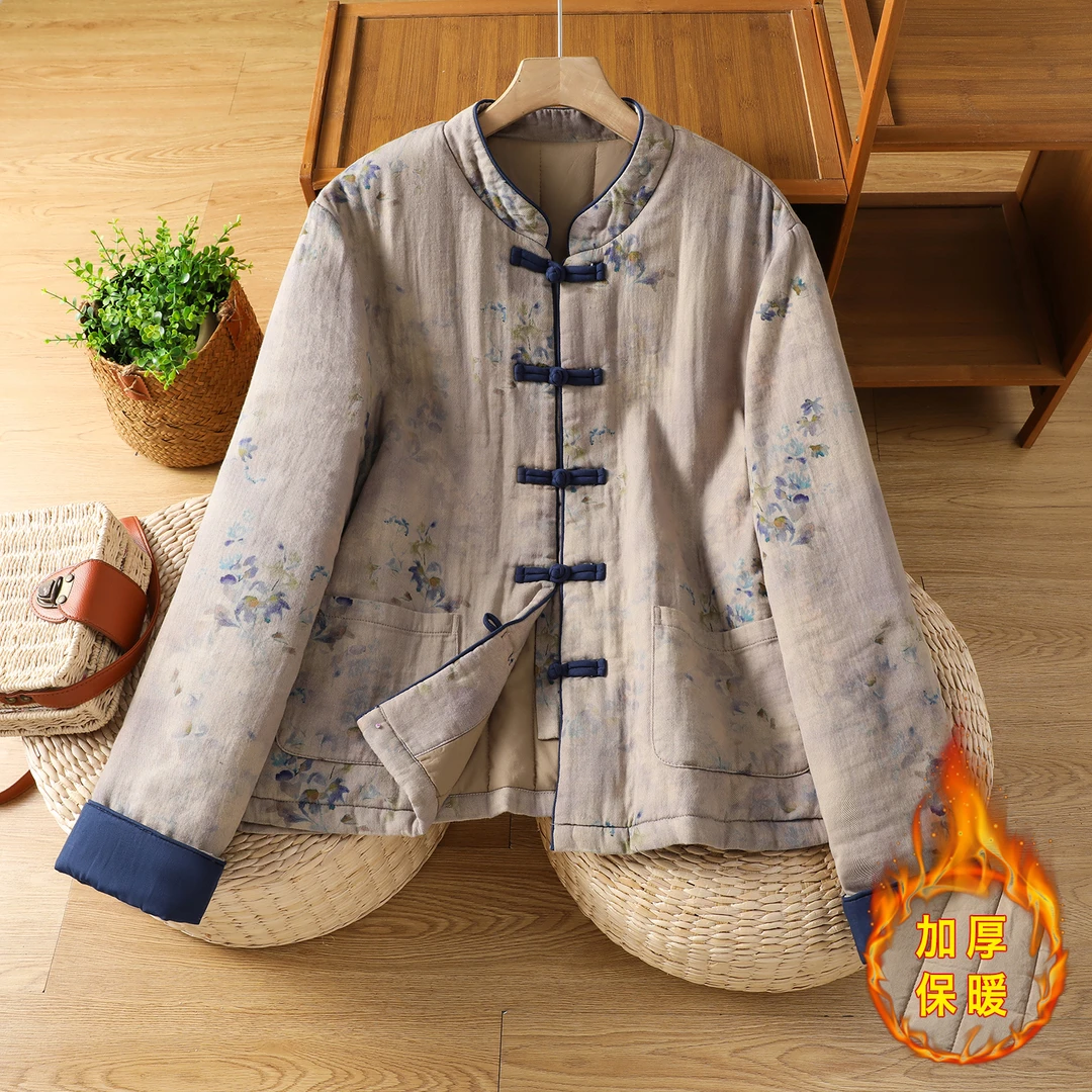 2025秋冬时尚新款复古印花保暖外套 新国风立领盘扣对襟夹棉棉服