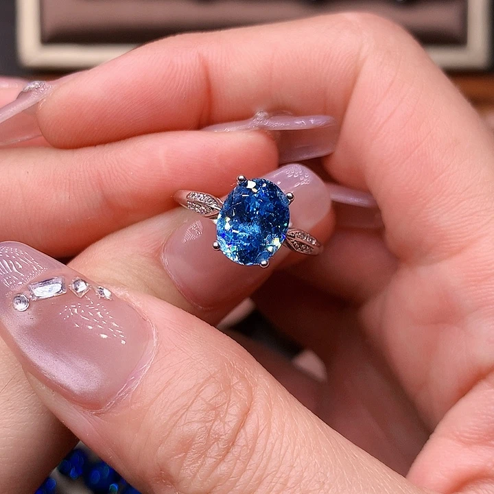 海蓝宝石戒指银S925镶嵌
