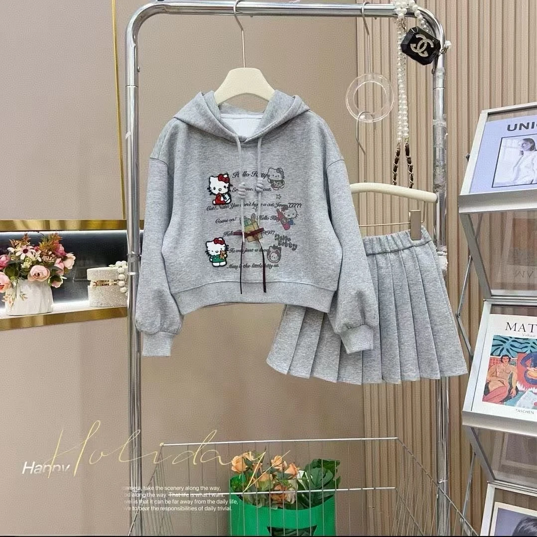 CSC2009女童春装套装中大童春秋季韩版休闲连帽卫衣百褶裙两件套