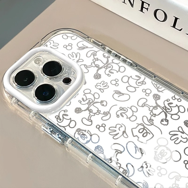 满屏线条米奇适用于苹果16pro镜面奶油壳iPhone15手机壳17promax