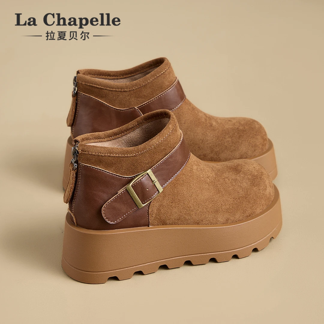 拉夏贝尔时尚女鞋2025冬季新款厚底马丁靴子短筒防滑一脚蹬勃肯鞋