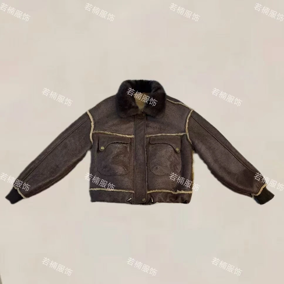 【若楠服饰】轻奢连帽时装拼接水貂休闲加厚皮衣外套-25949