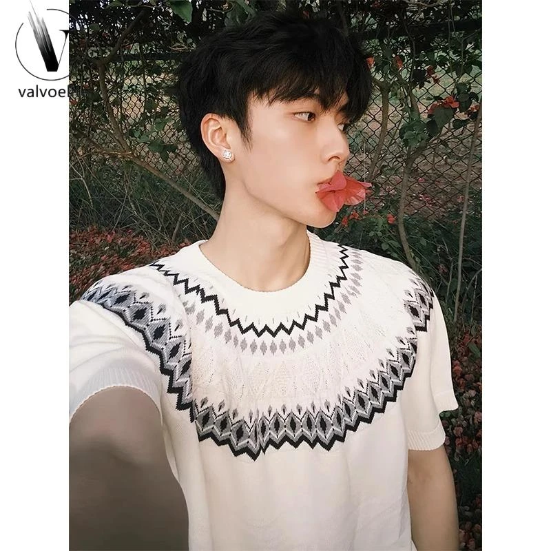 VALVOELITE美式复古费尔岛针织短袖男夏季高级感提花T恤正肩半袖
