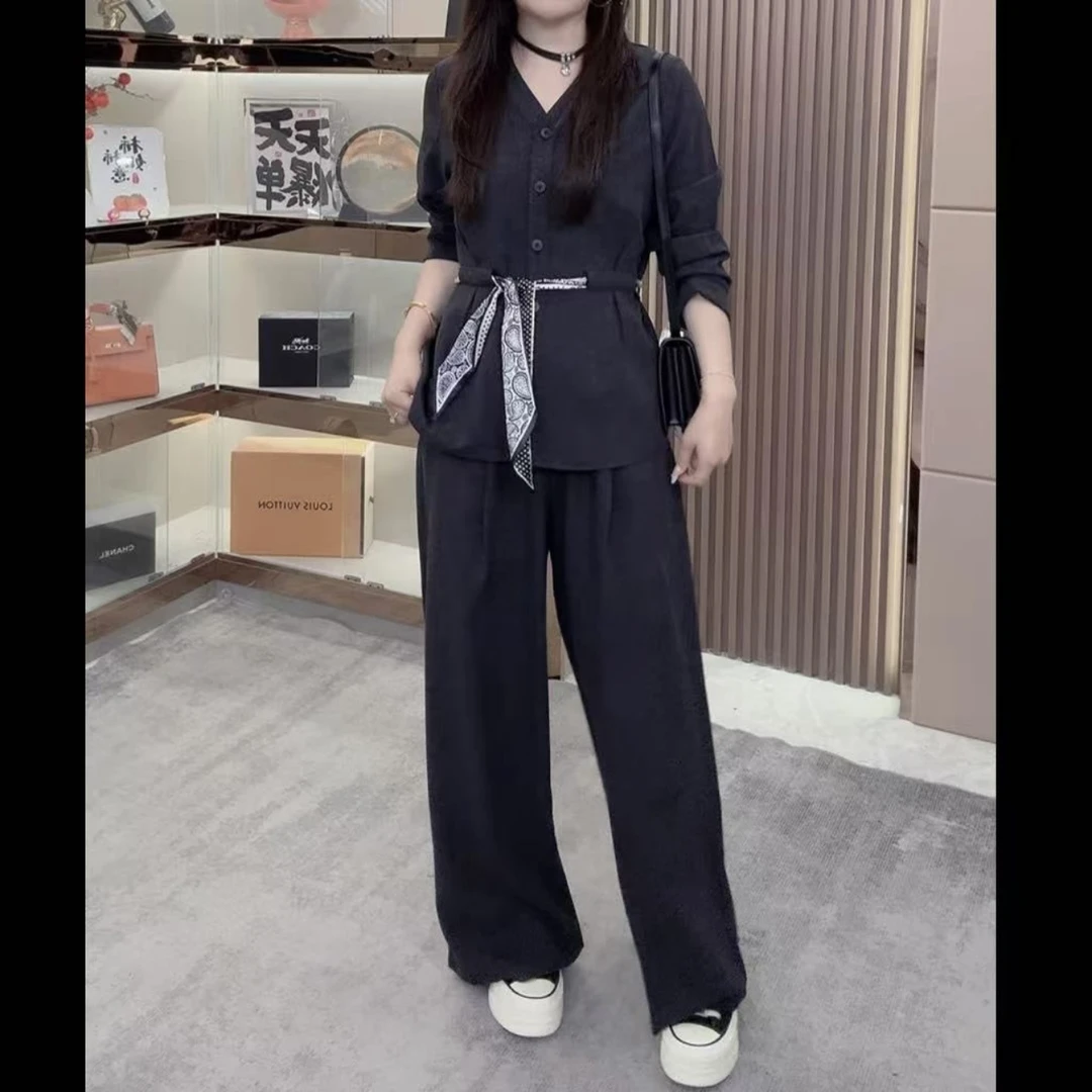 秋季新款时尚收腰显瘦长袖衬衫搭配阔腿裤气质通勤时尚套装