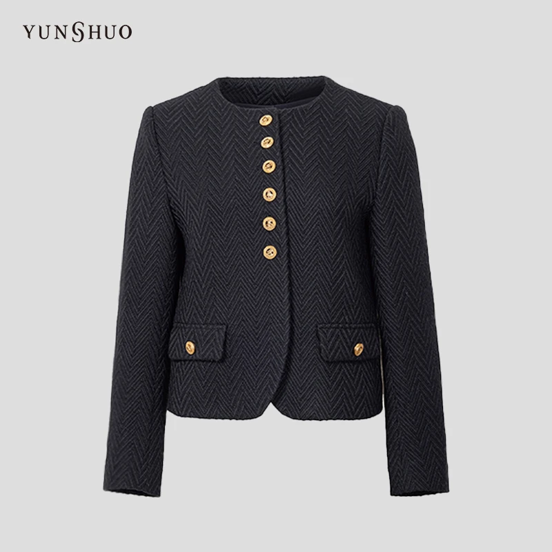 YUNSHUO精致短款金扣编制纹理单排扣气质小香外套455330