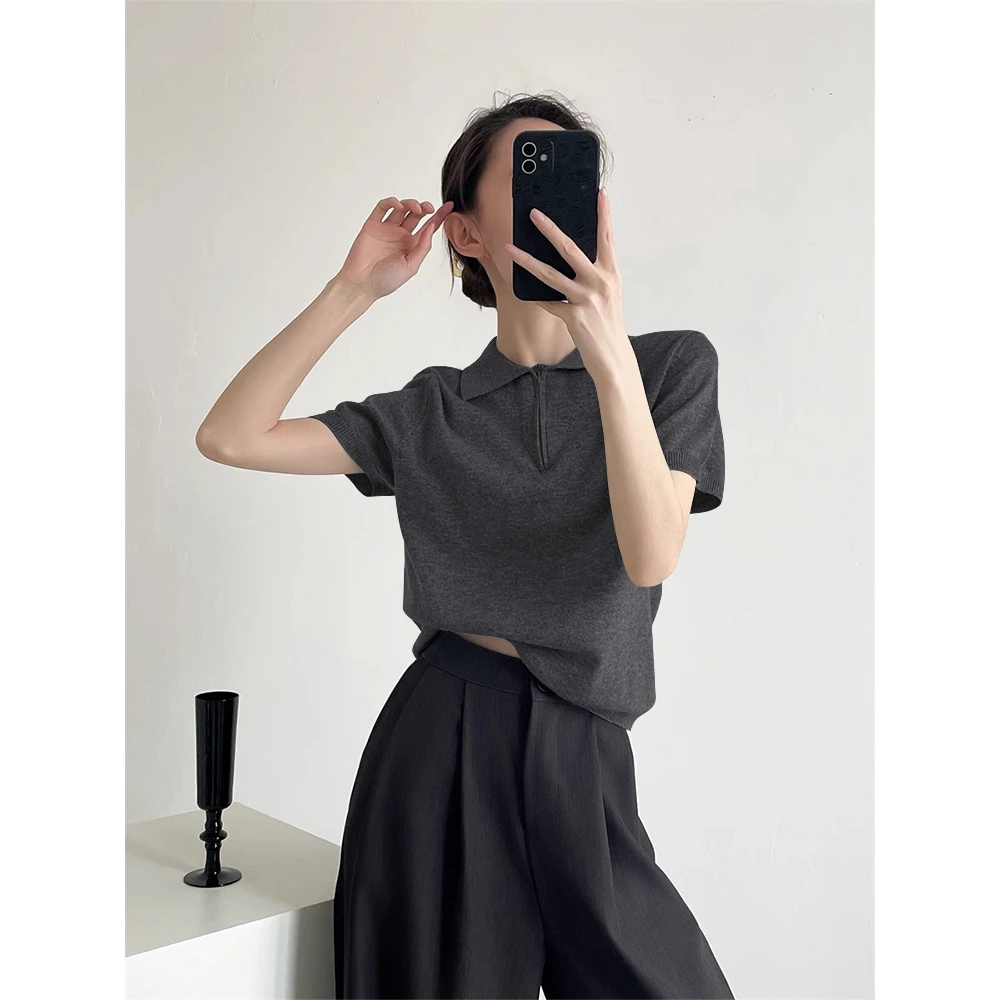 韩版POLO领减龄半拉链针织短袖女夏翻领T恤休闲软糯别致独特上衣