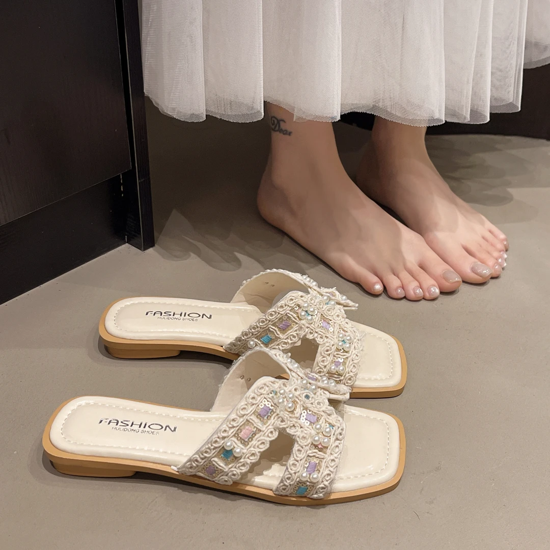 大码女鞋41到43绝美法式仙女风平底凉拖鞋女夏季配裙子时尚凉拖鞋