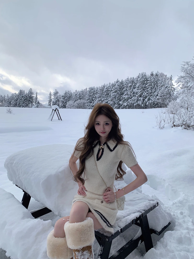 韩系小香风名媛气质翻领短袖上衣高腰显瘦半身裙秋冬高级感套装女