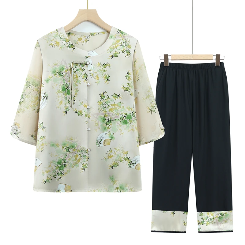 时尚妈妈夏装套装中老年女装夏季国风印花上衣老太太新款雪纺衬衫